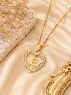 Stainless Steel Gold Initial E Heart Necklace Crystal Letter Pendant